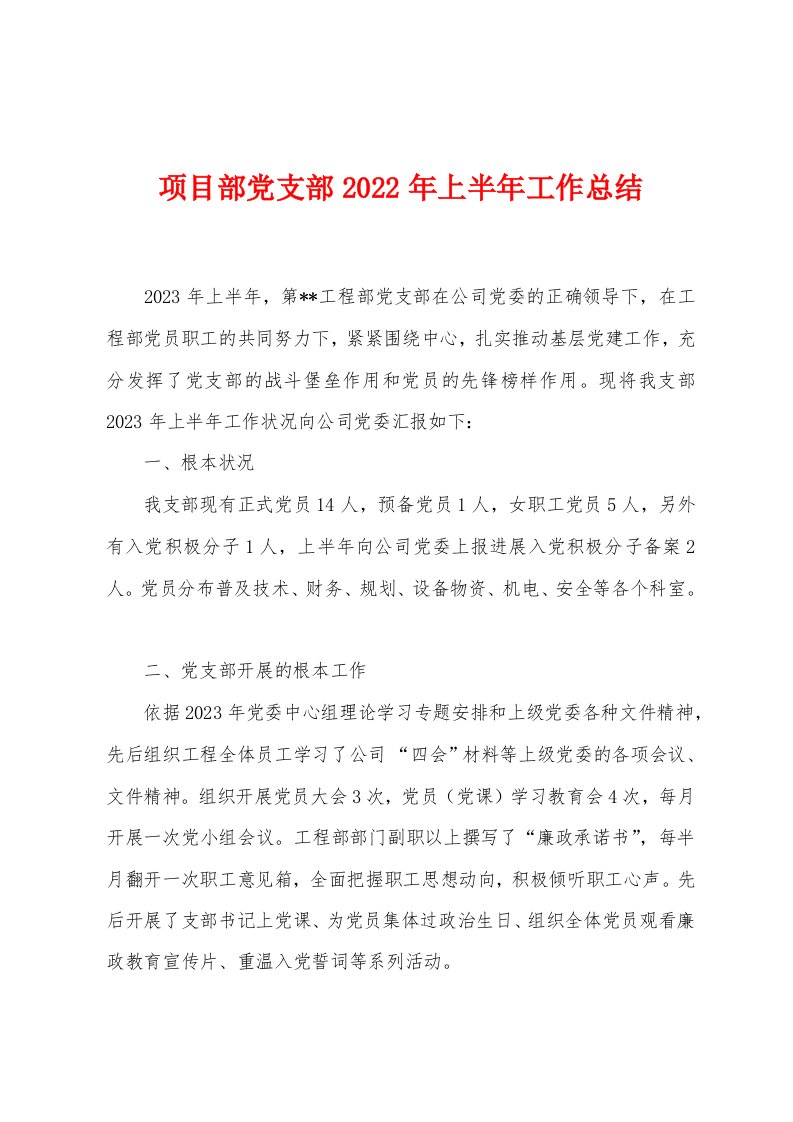 项目部党支部2023年上半年工作总结