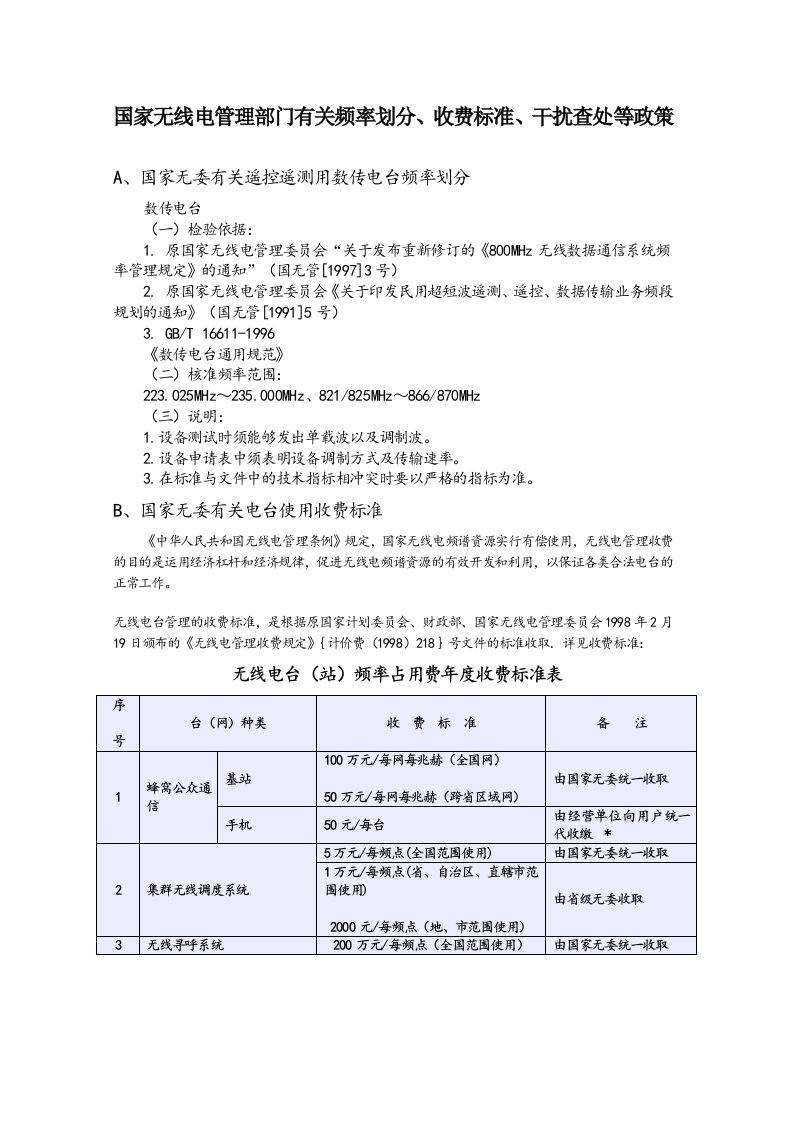 A国家无线电管理部门有关频率划分、收费标准、干扰查处等政策