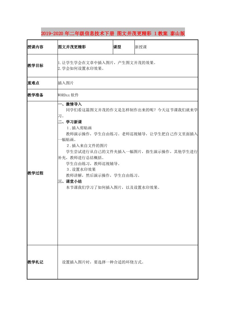 2019-2020年二年级信息技术下册