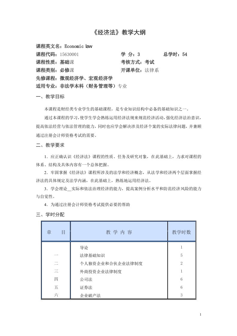 经济法非法学课程教学大纲