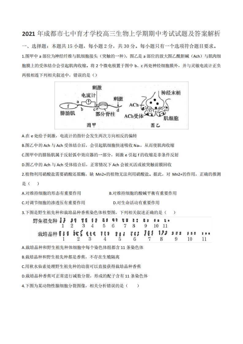 2021年成都市七中育才学校高三生物上学期期中考试试题及答案解析