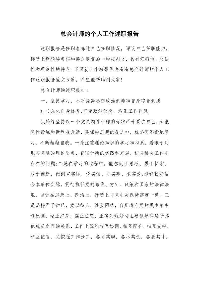 个人报告_总会计师的个人工作述职报告