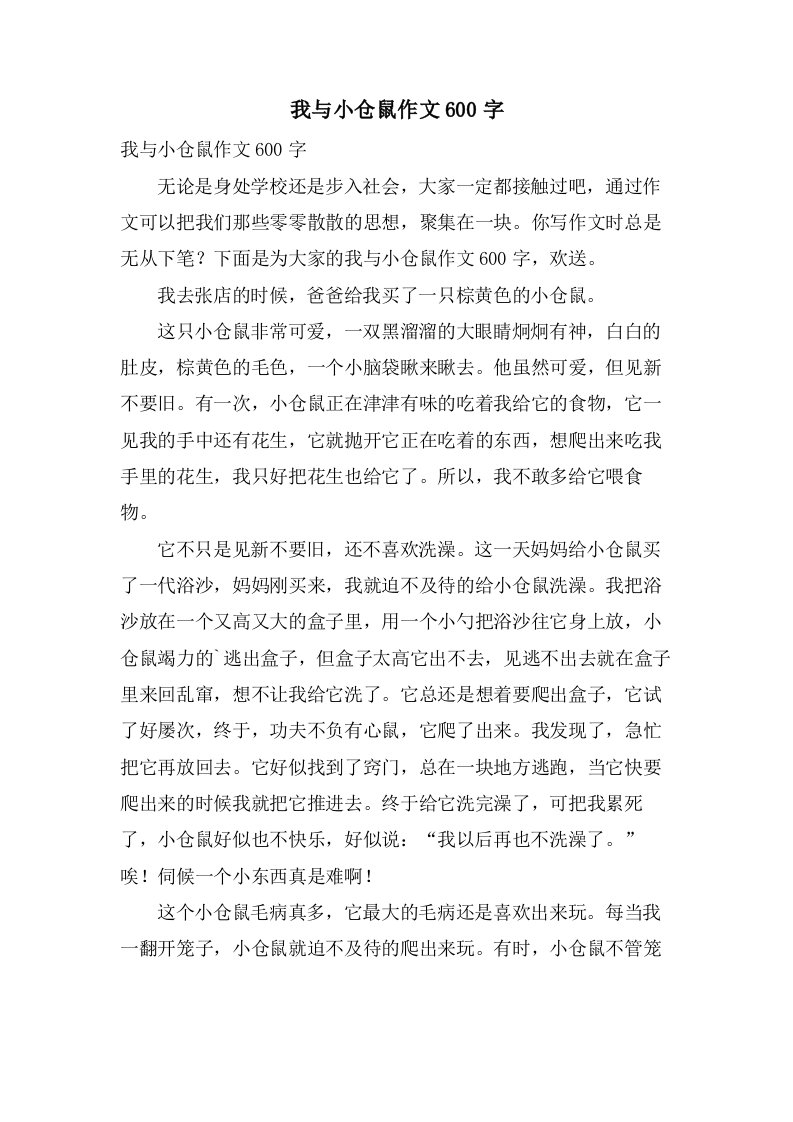 我与小仓鼠作文600字