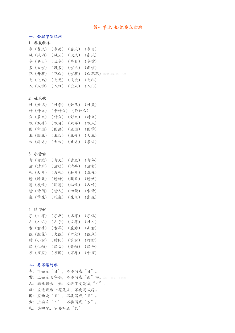 (完整版)一年级下册语文单元知识点归纳-推荐文档
