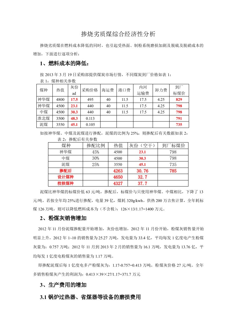 掺烧劣质煤综合经济性分析