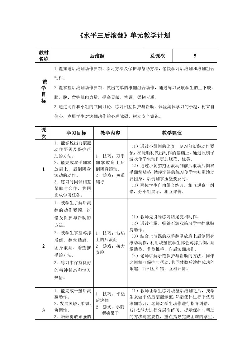 《水平三后滚翻》单元教学计划