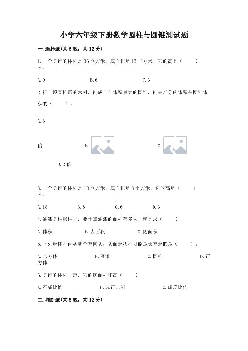 小学六年级下册数学圆柱与圆锥测试题精华版