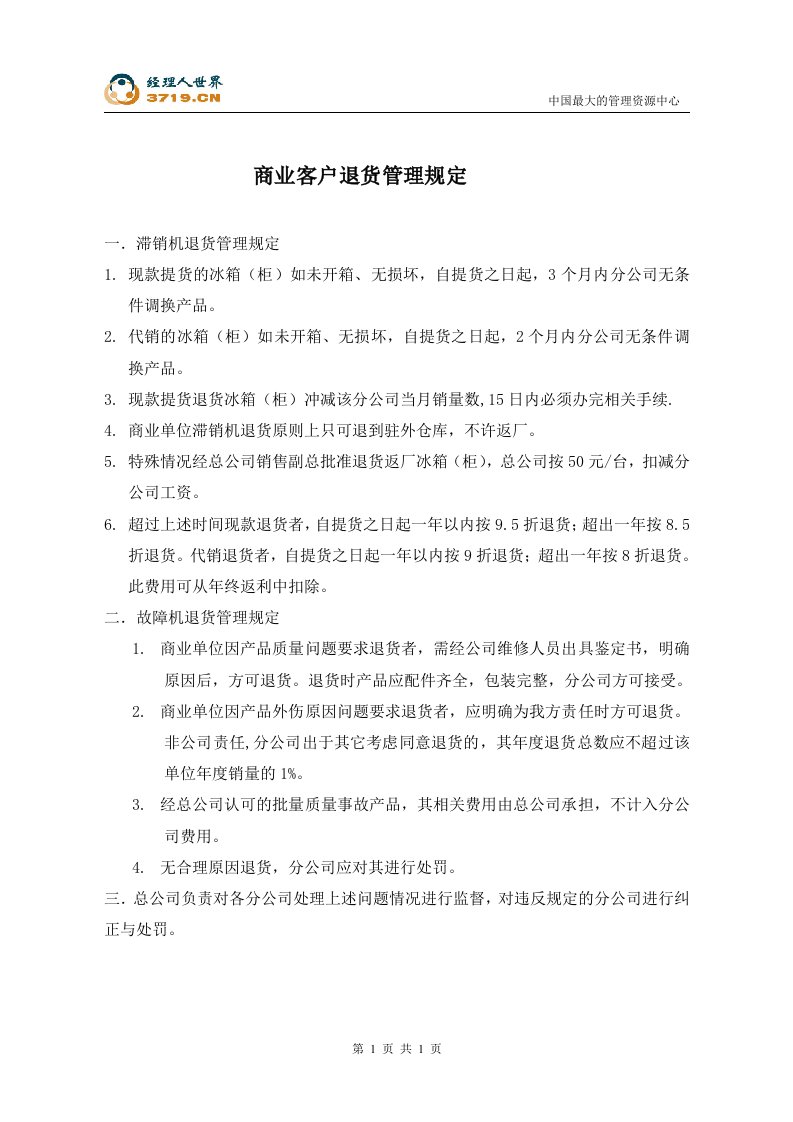 商业客户退货管理规定(doc)-销售管理