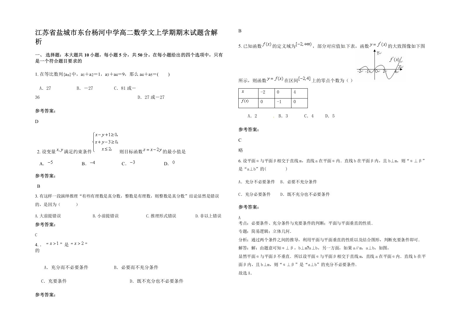 江苏省盐城市东台杨河中学高二数学文上学期期末试题含解析