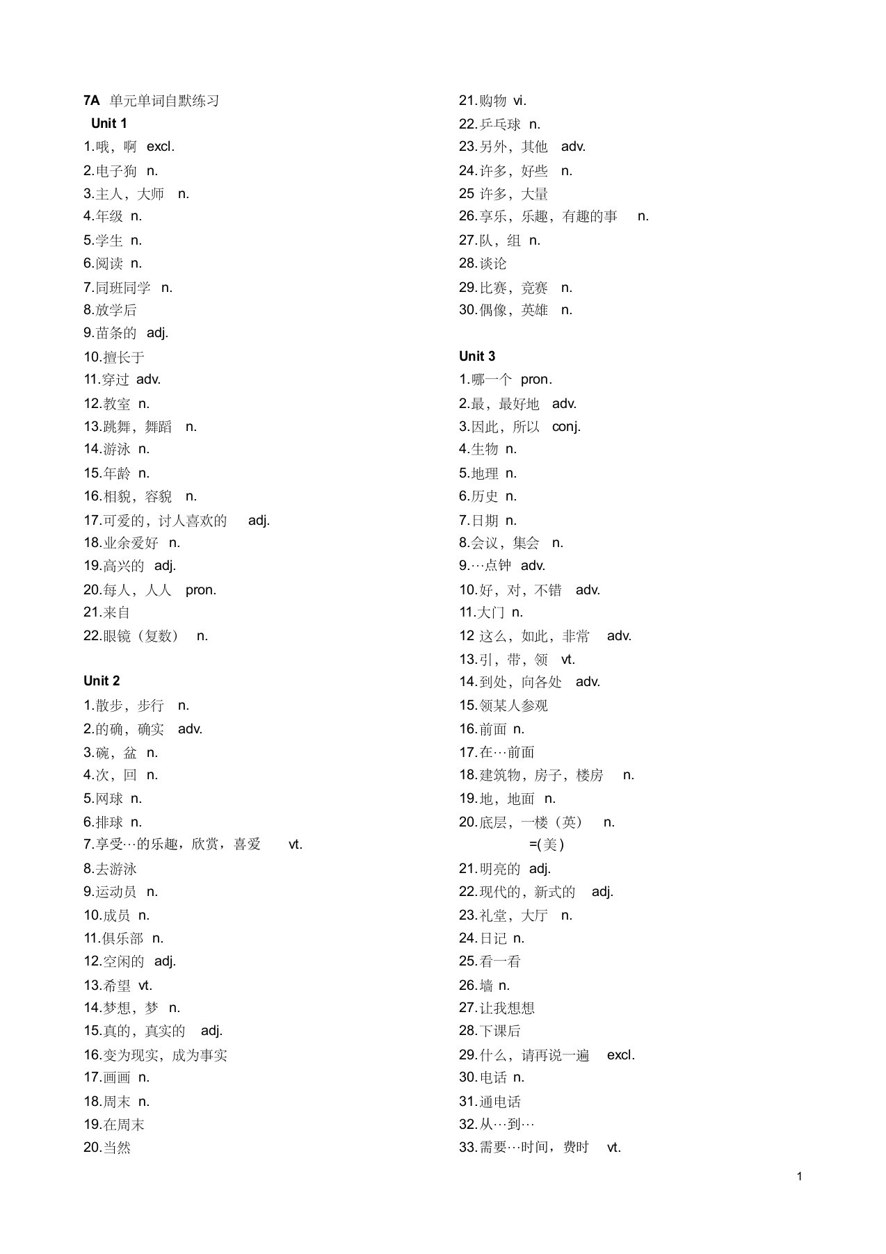 苏教版七年级上册英语词汇默写表