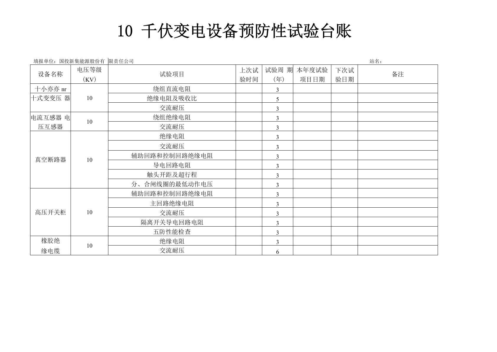 10KV变配电设备预防性试验台账