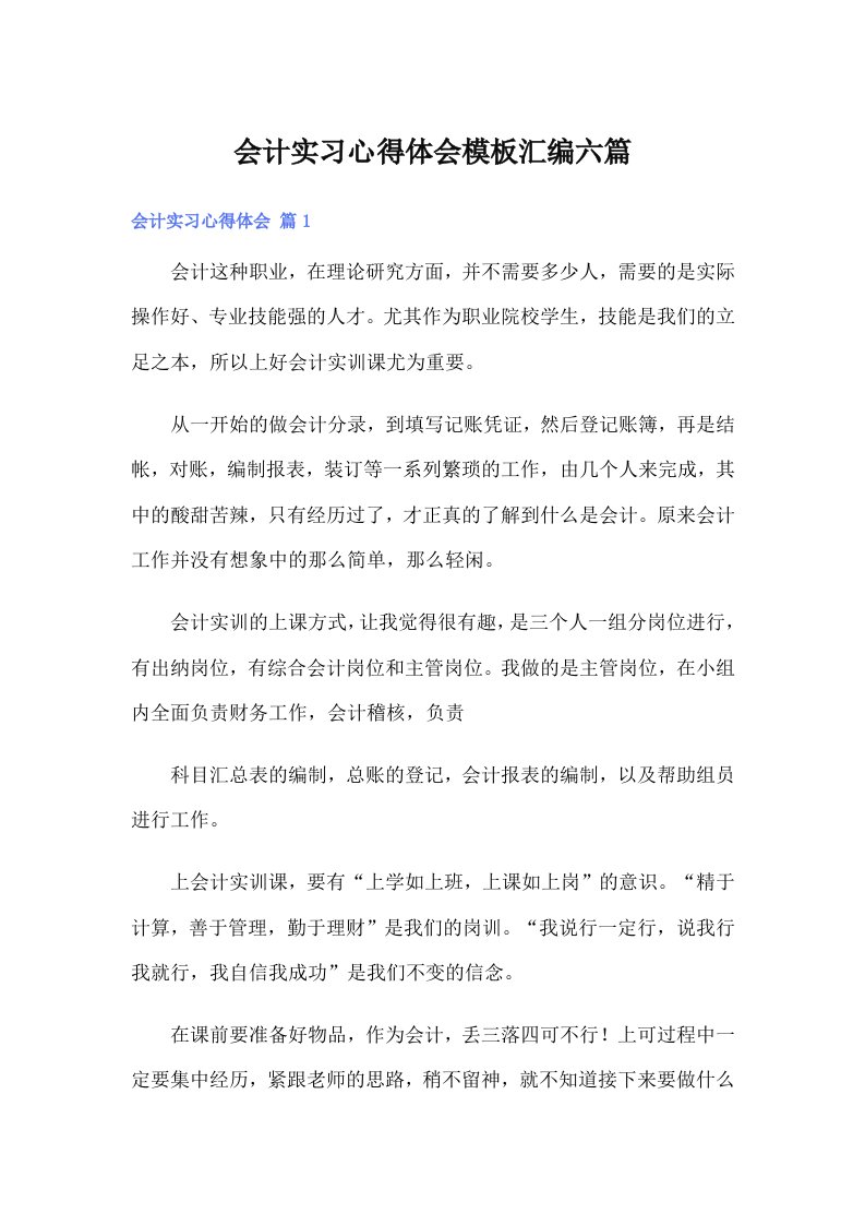 【精选】会计实习心得体会模板汇编六篇