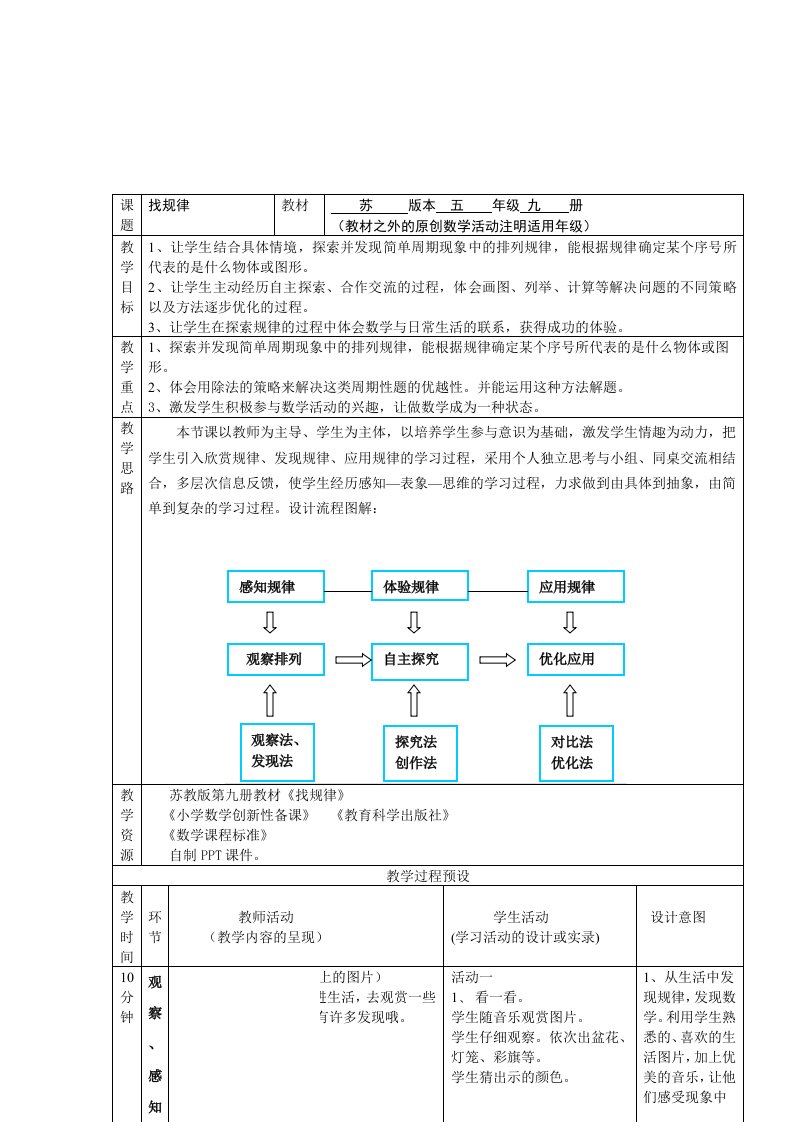 苏教版小学数学五年级上册找规律教学设计