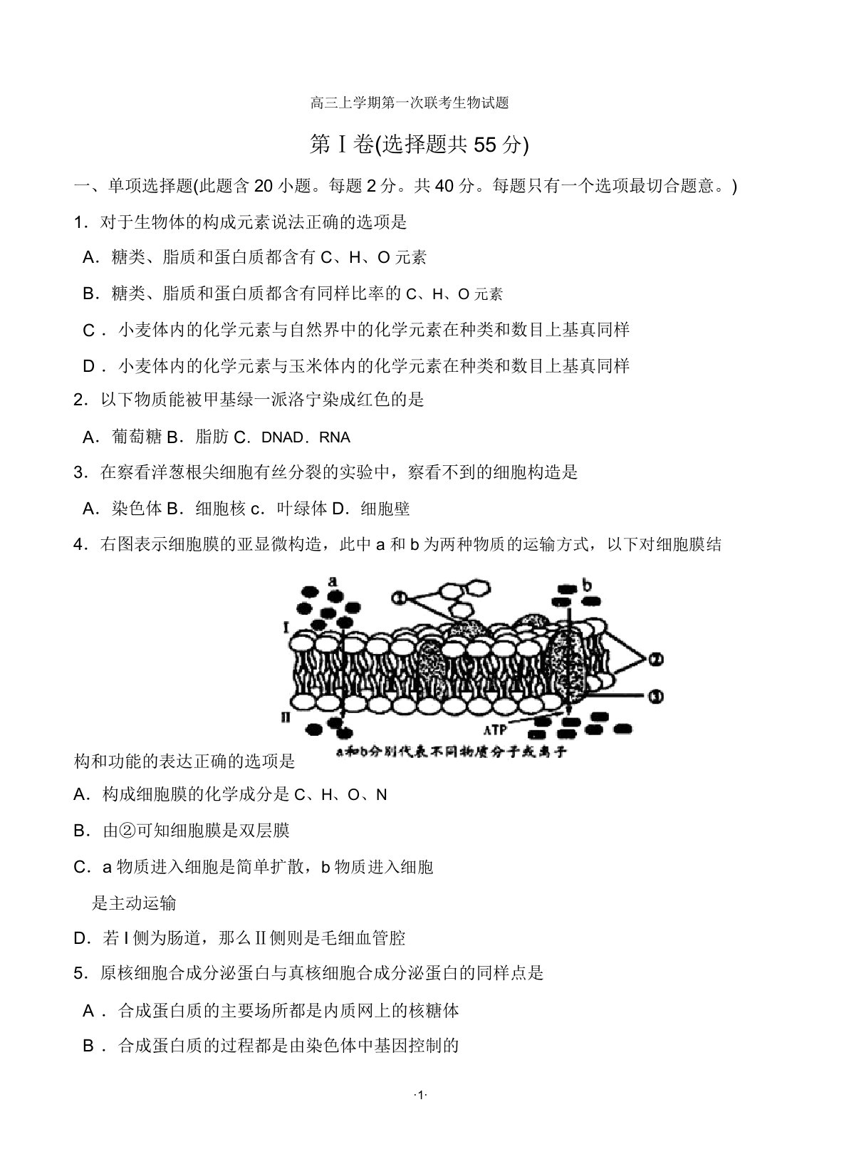 江苏省沭阳县五校2019届高三上学期第一次联考生物试题