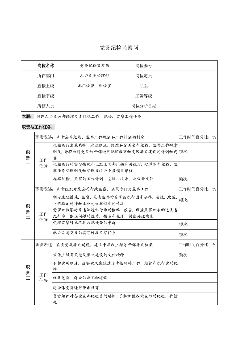 党务纪检监察岗位说明书