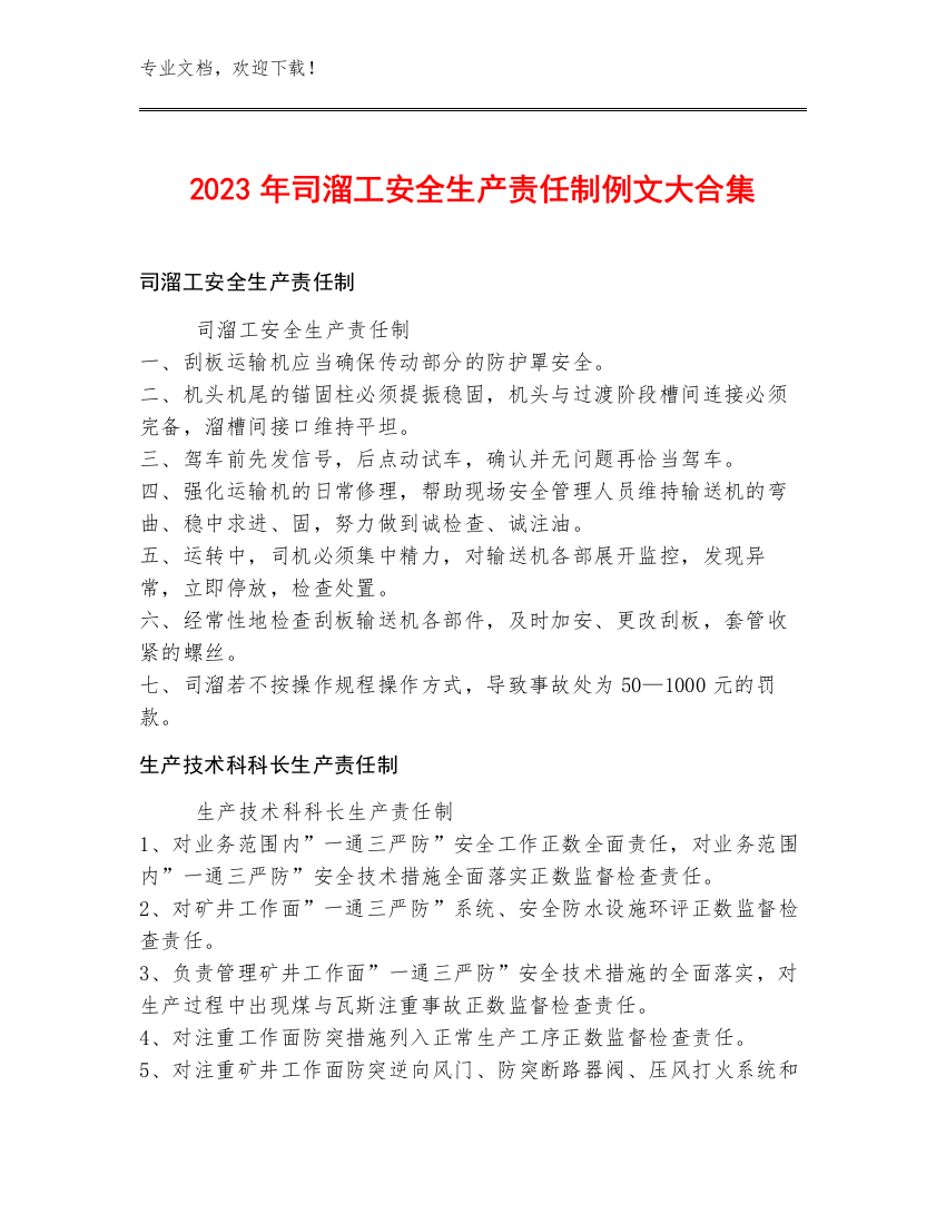 2023年司溜工安全生产责任制例文大合集