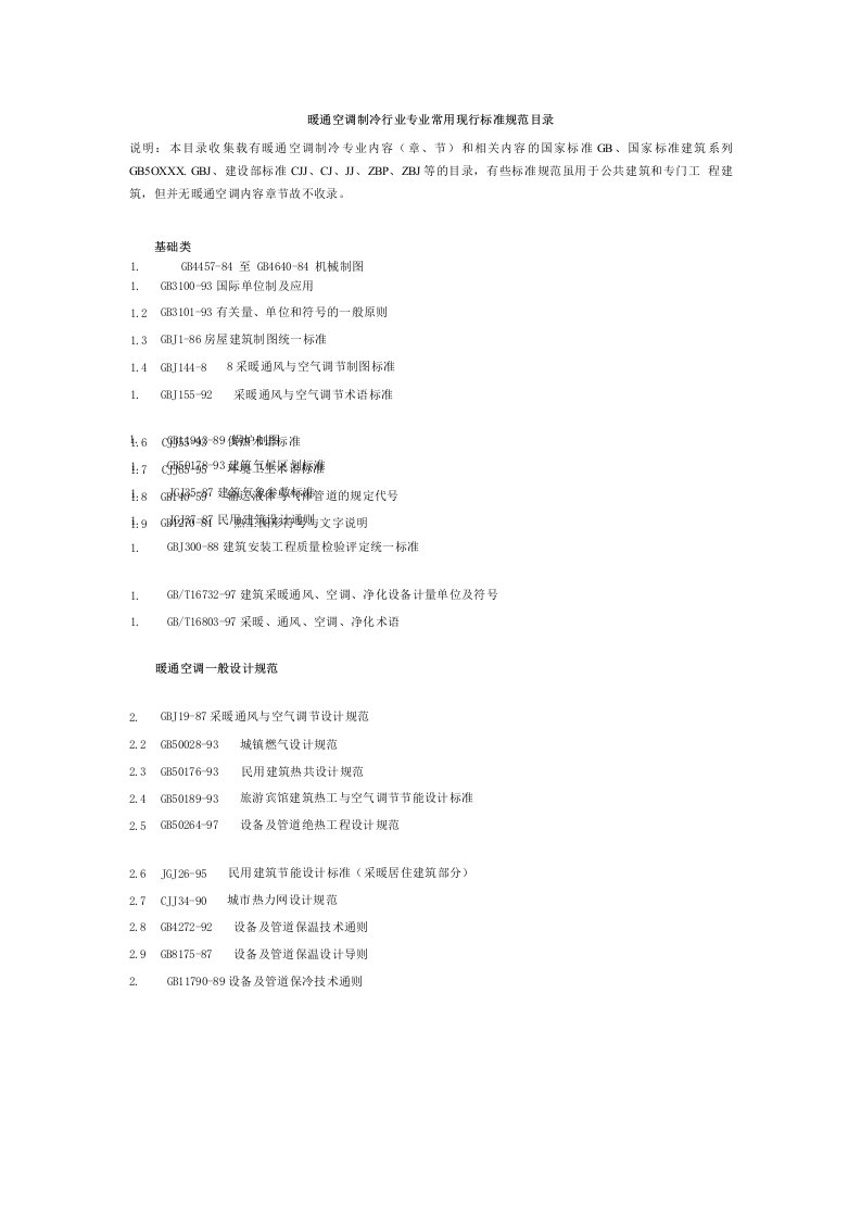 暖通空调制冷行业专业常用现行标准规范目录[参照]