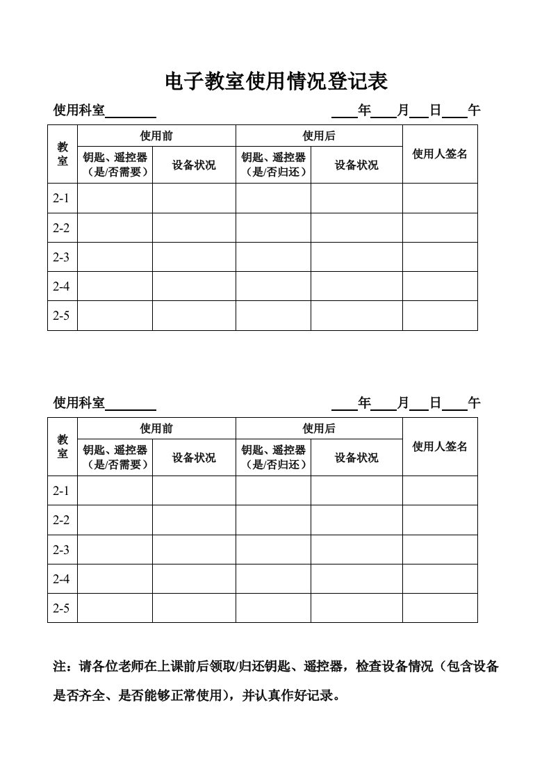 电子教室使用情况登记表