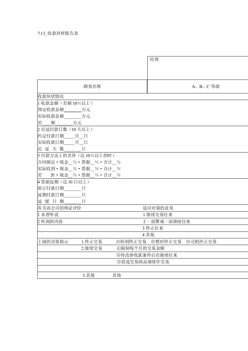 收款异样报告表