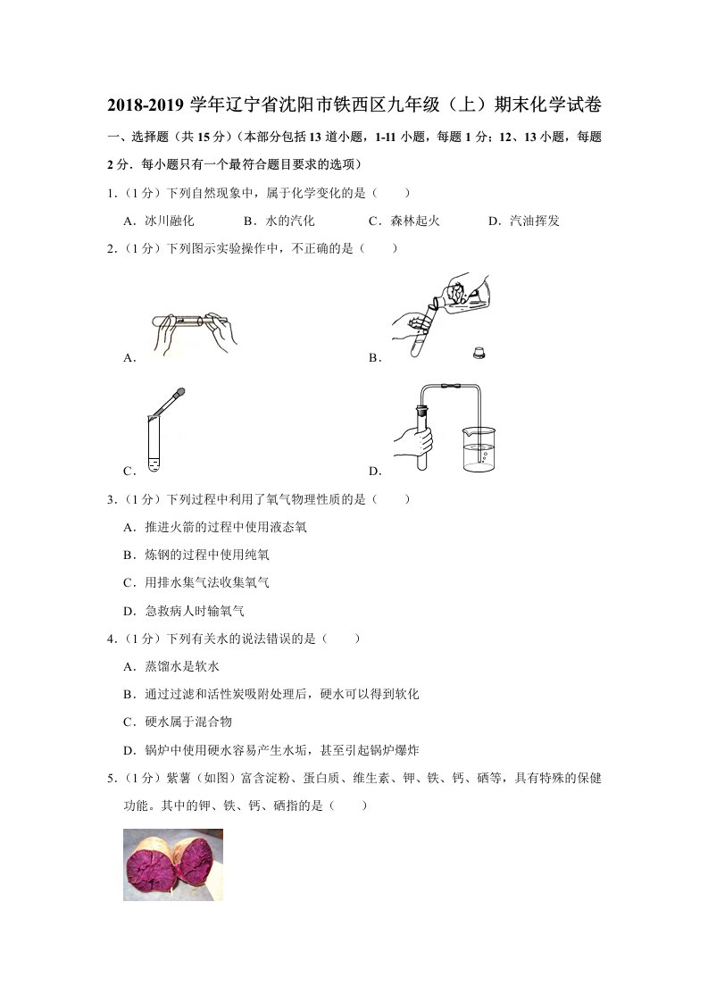 2018-2019学年辽宁省沈阳市铁西区九年级上期末化学试卷