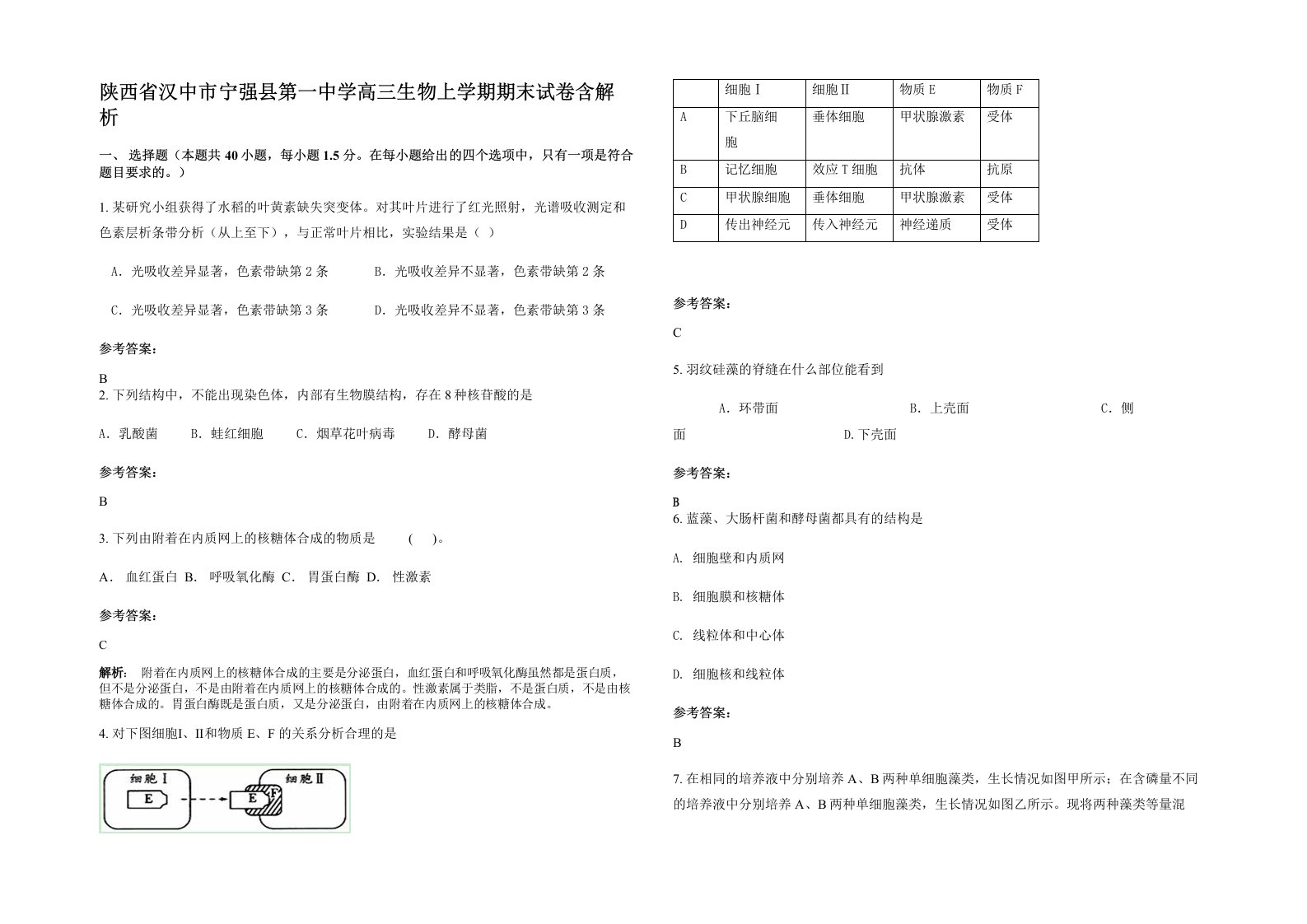 陕西省汉中市宁强县第一中学高三生物上学期期末试卷含解析