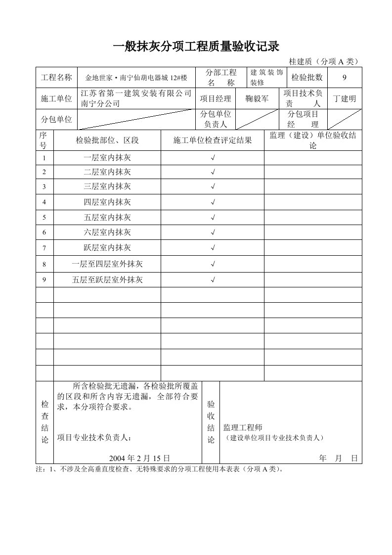 一般抹灰分项工程质量验收记录（建筑装饰装修）