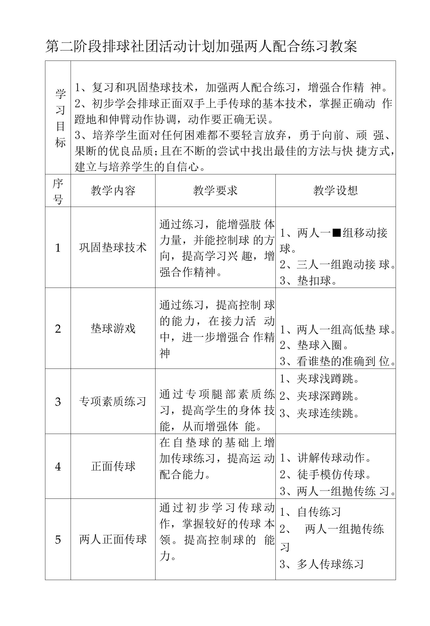 第二阶段排球社团活动计划加强两人配合练习教案