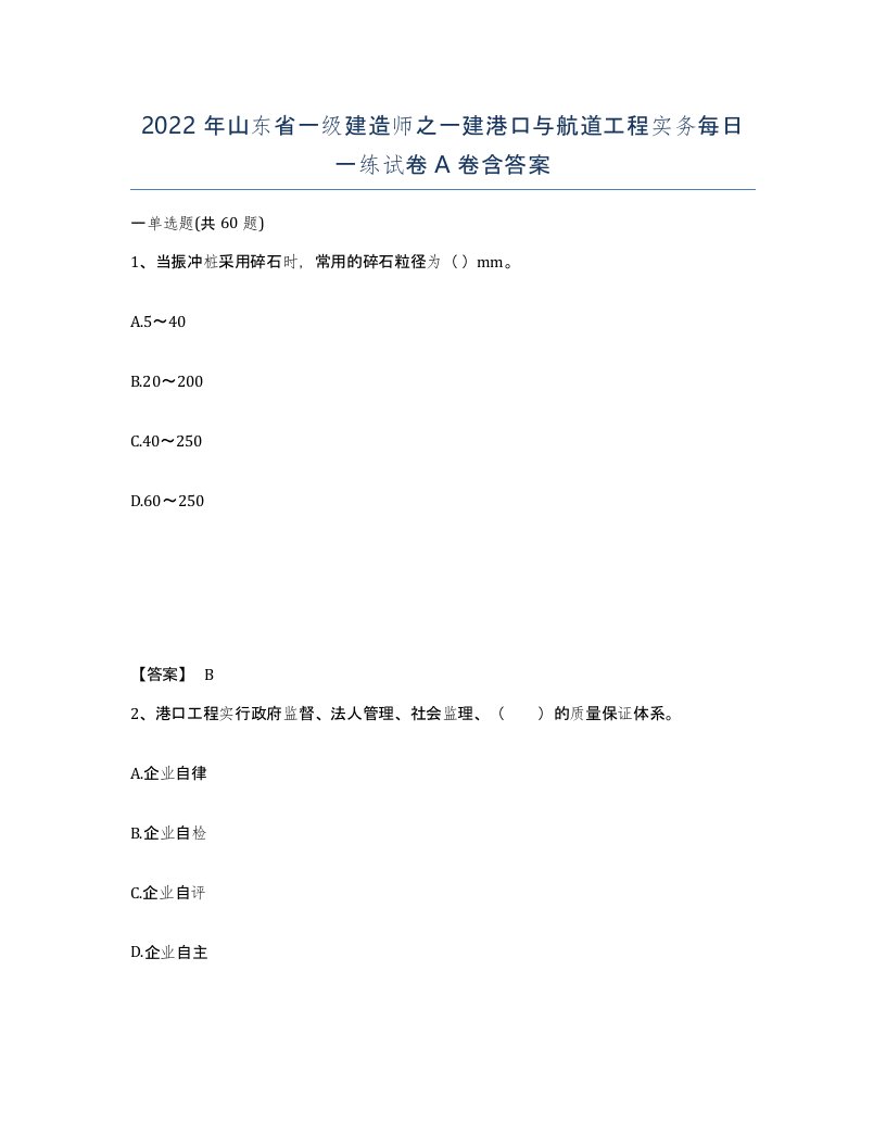 2022年山东省一级建造师之一建港口与航道工程实务每日一练试卷A卷含答案