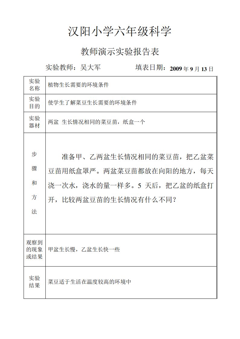 六科学教师演示实验报告表