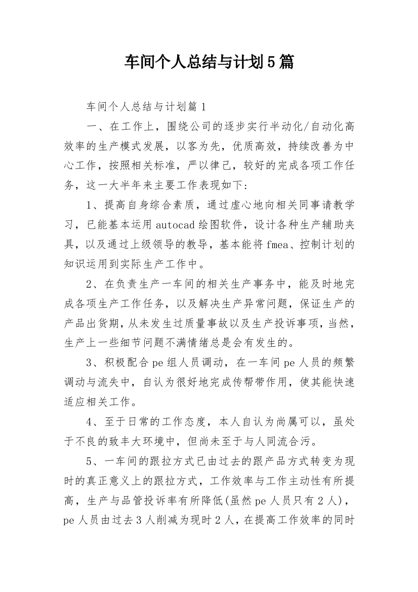 车间个人总结与计划5篇