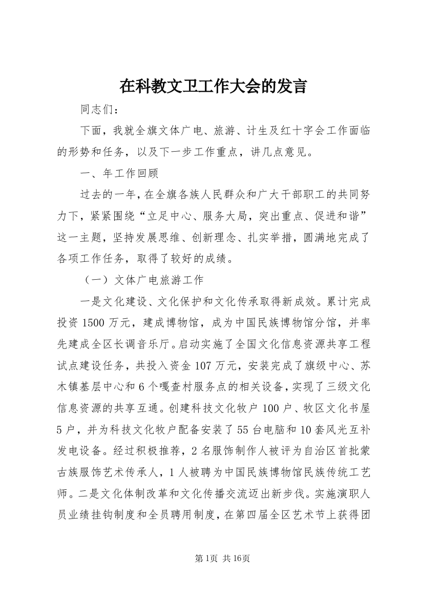 在科教文卫工作大会的发言