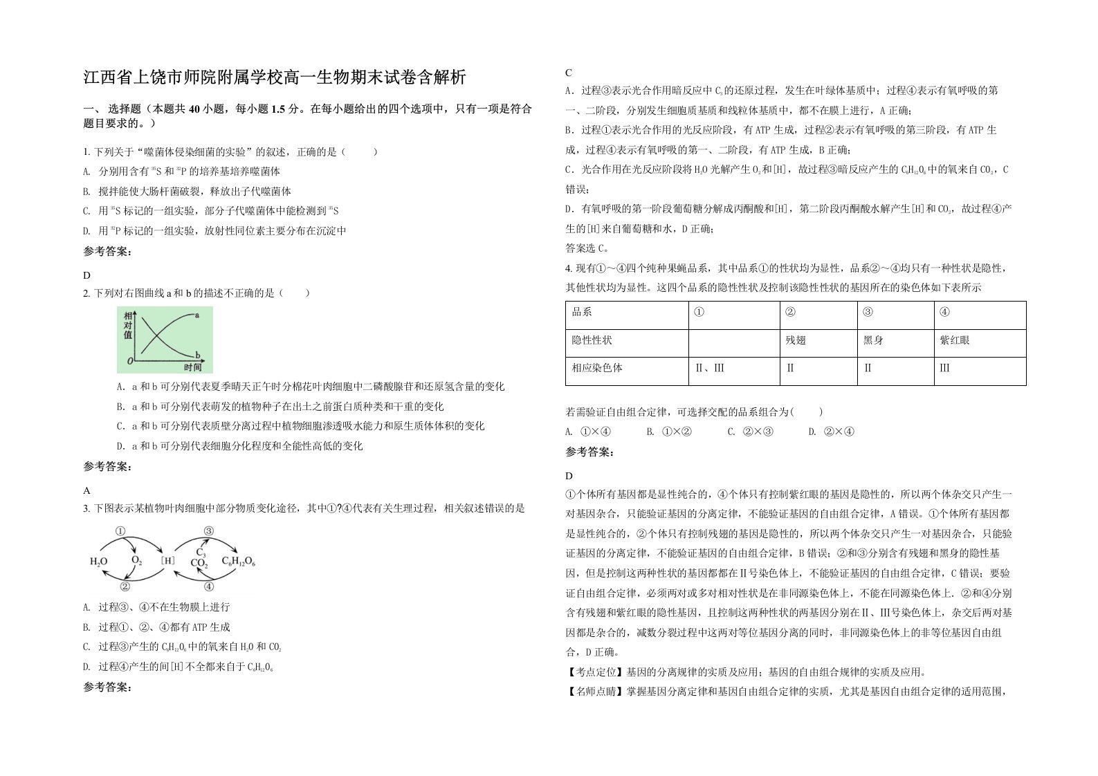 江西省上饶市师院附属学校高一生物期末试卷含解析