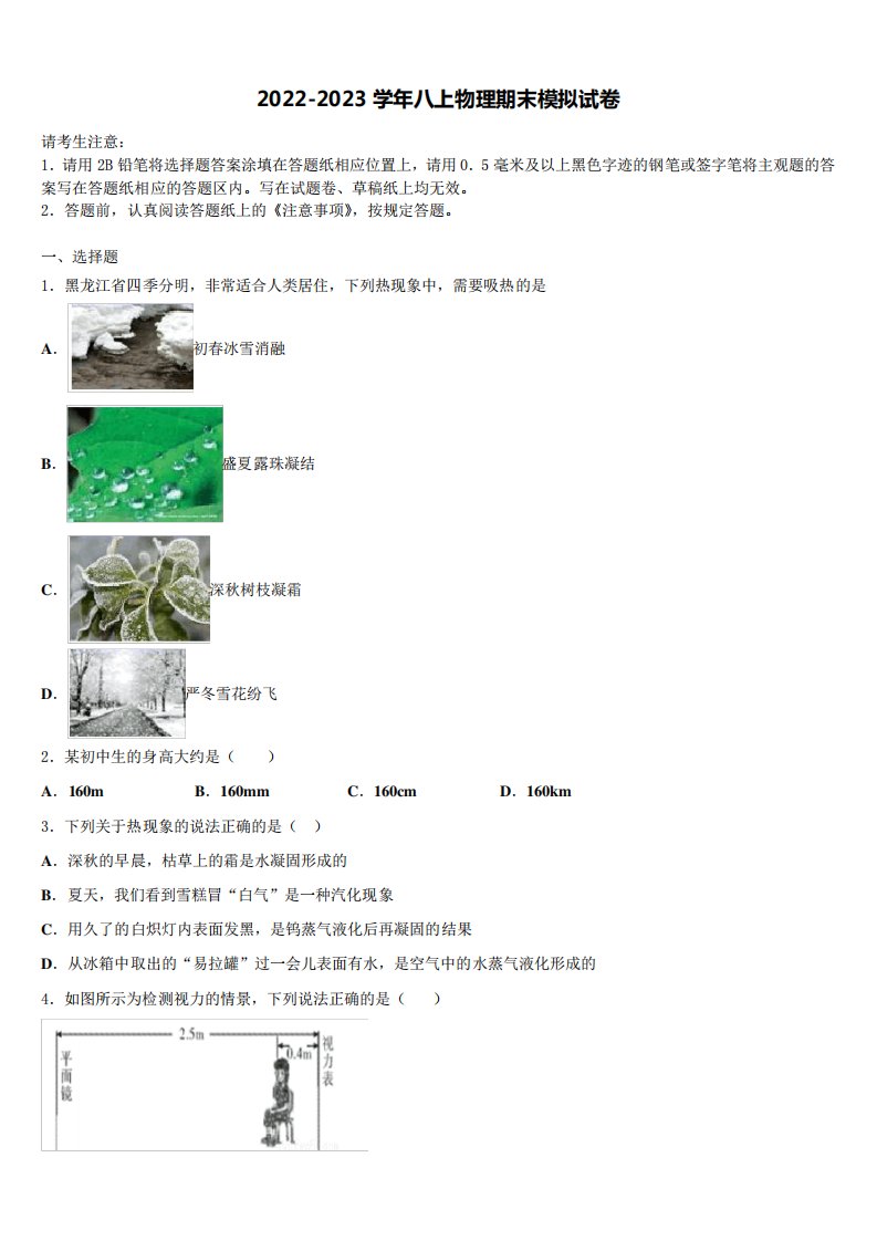 中学八年级物理第一学期期末学业水平测试模拟试题含解析