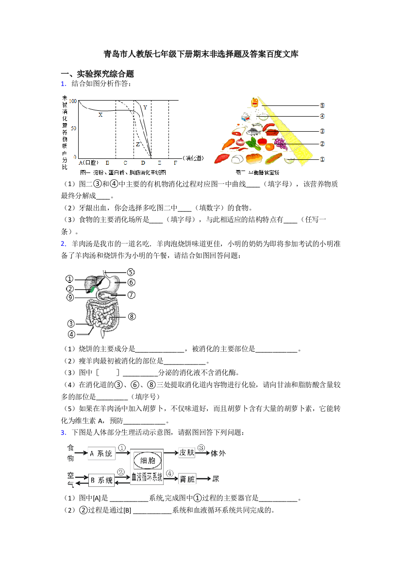 青岛市人教版七年级下册期末非选择题及答案百度文库