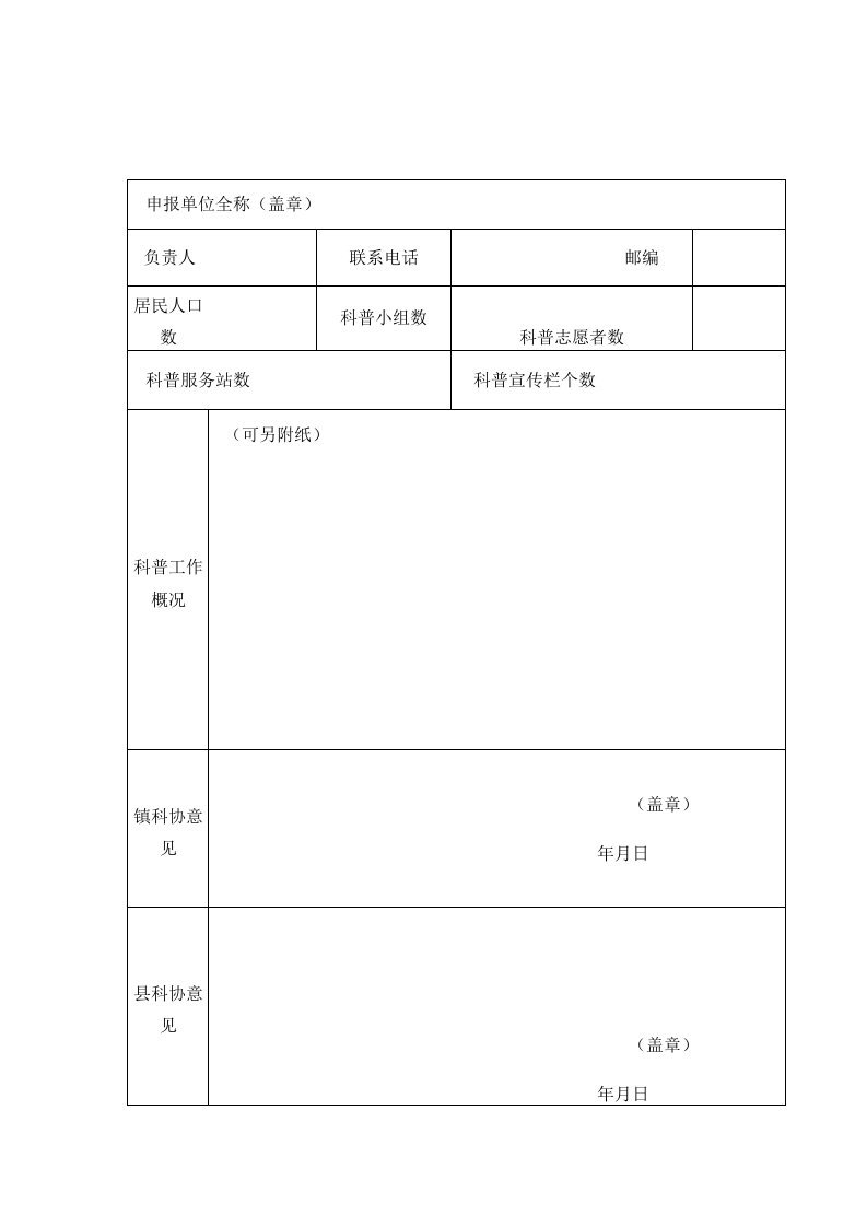 2019全椒县基层科普行动计划申报表格