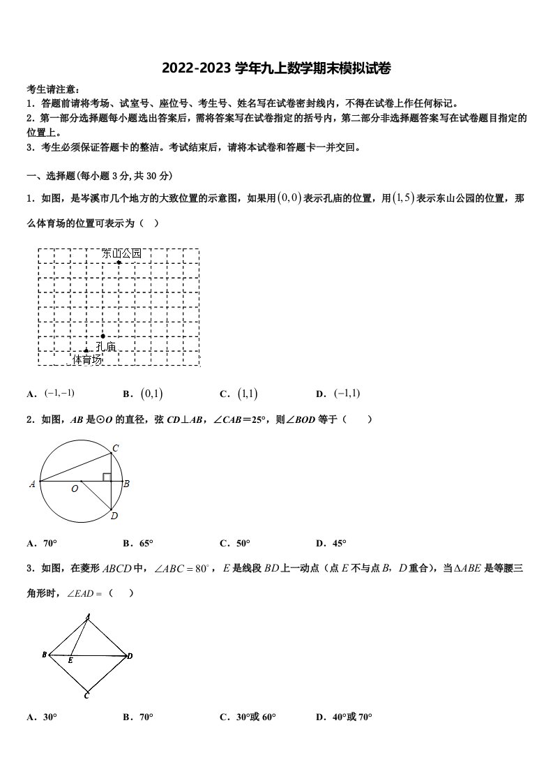 2023届四川省成都高新东区数学九年级第一学期期末质量检测模拟试题含解析