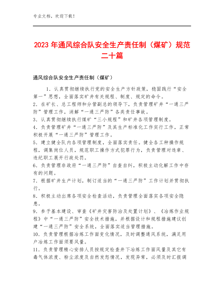 2023年通风综合队安全生产责任制（煤矿）规范二十篇