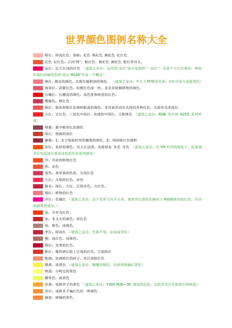 世界颜色图例名称大全