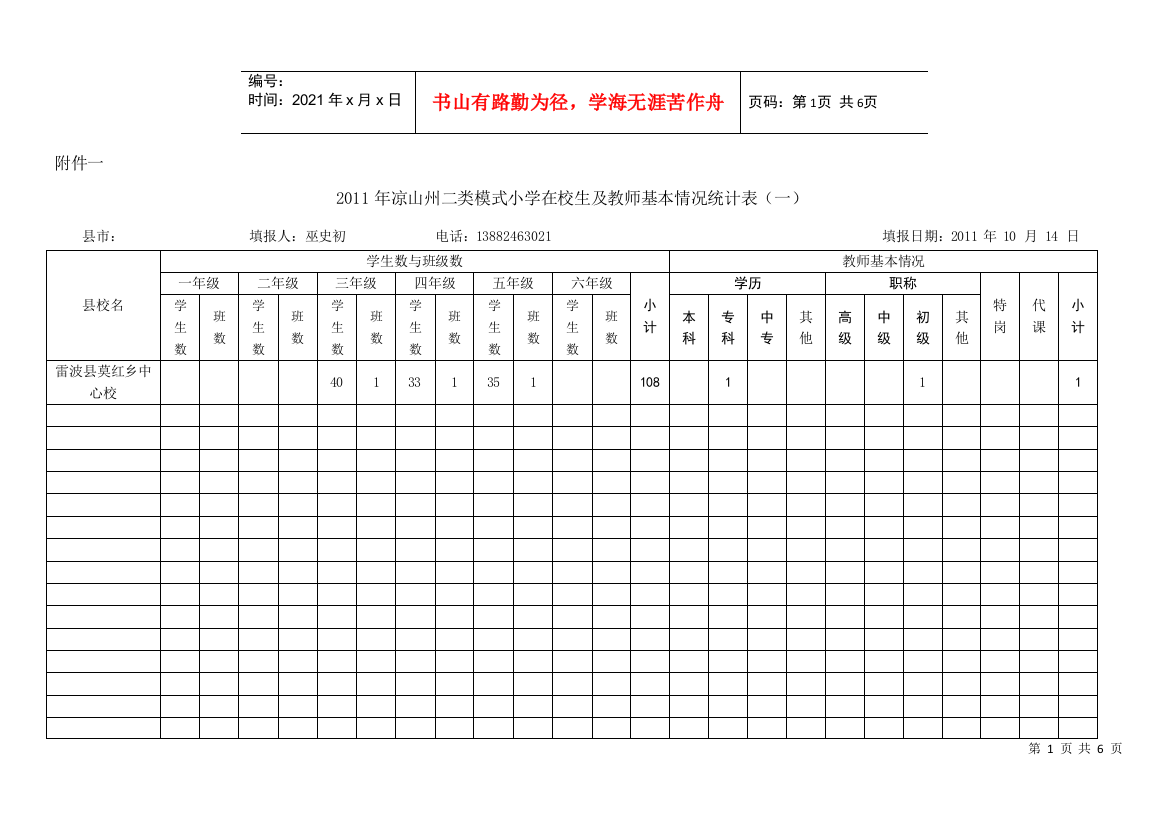 莫红乡中心校XXXX年双语教学在校生及教师数统计表