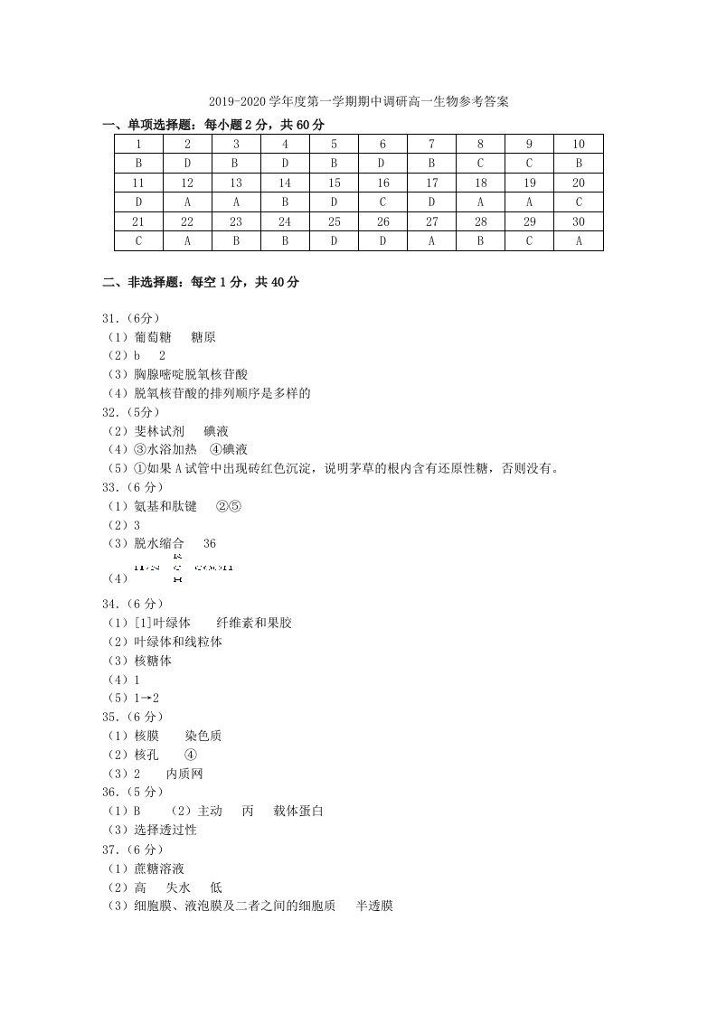 江苏省徐州市2019-2020学年高一生物上学期期中试题答案