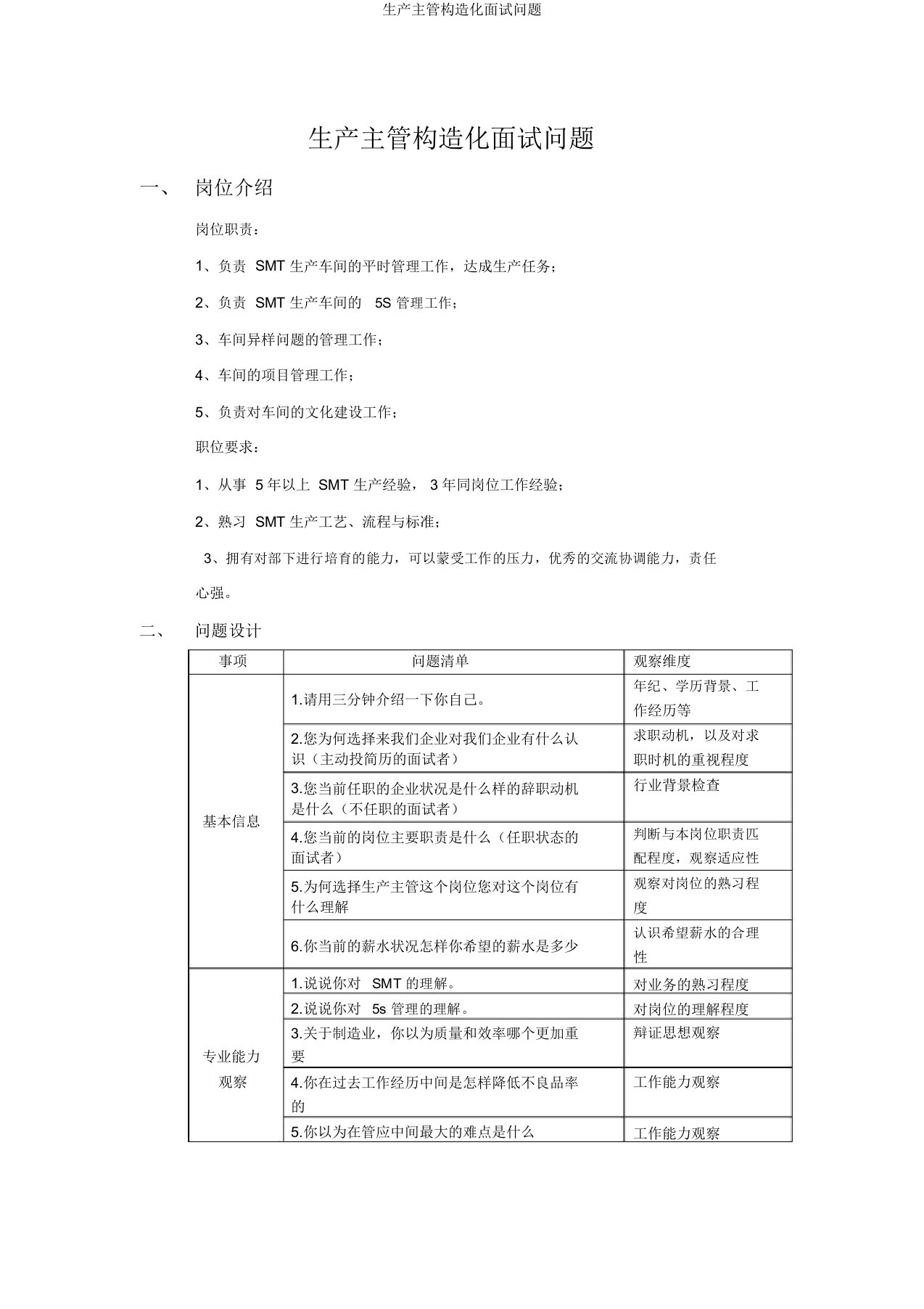 生产主管结构化面试问题