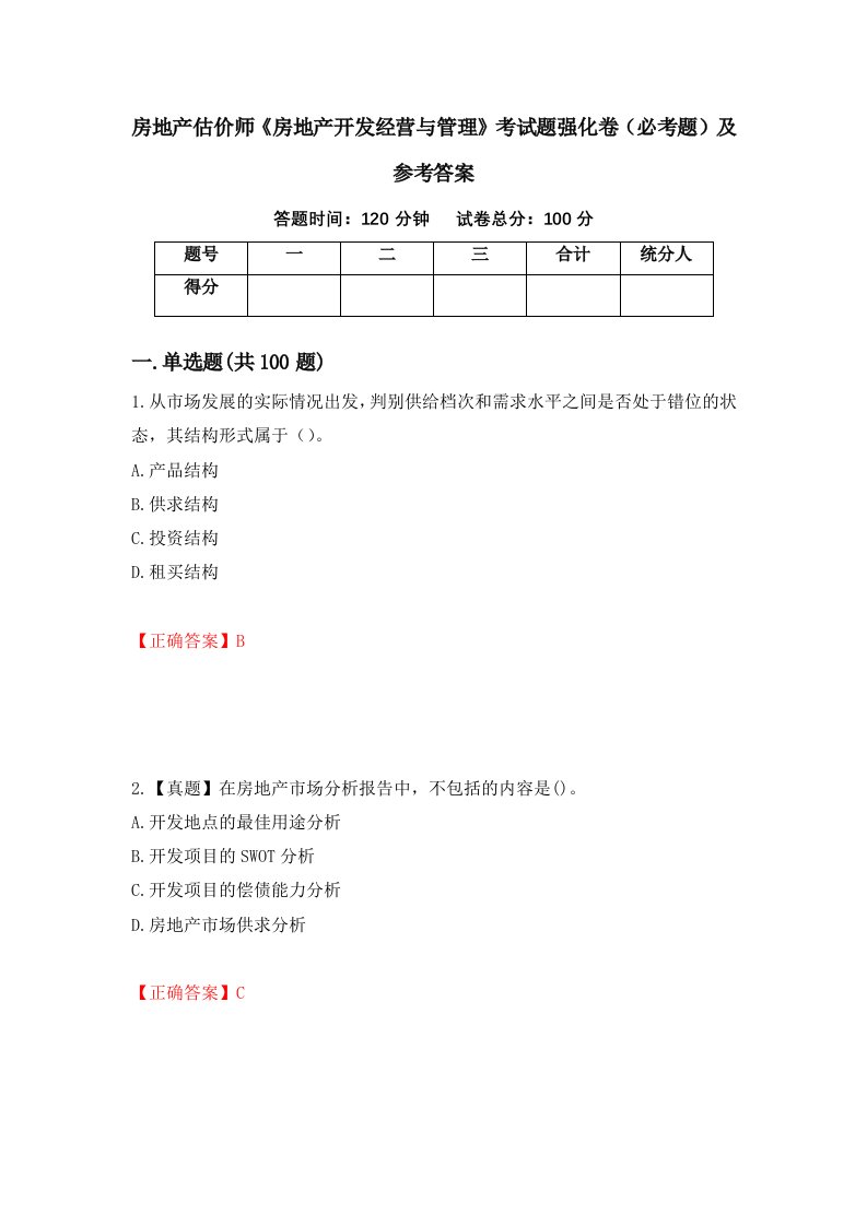 房地产估价师房地产开发经营与管理考试题强化卷必考题及参考答案28