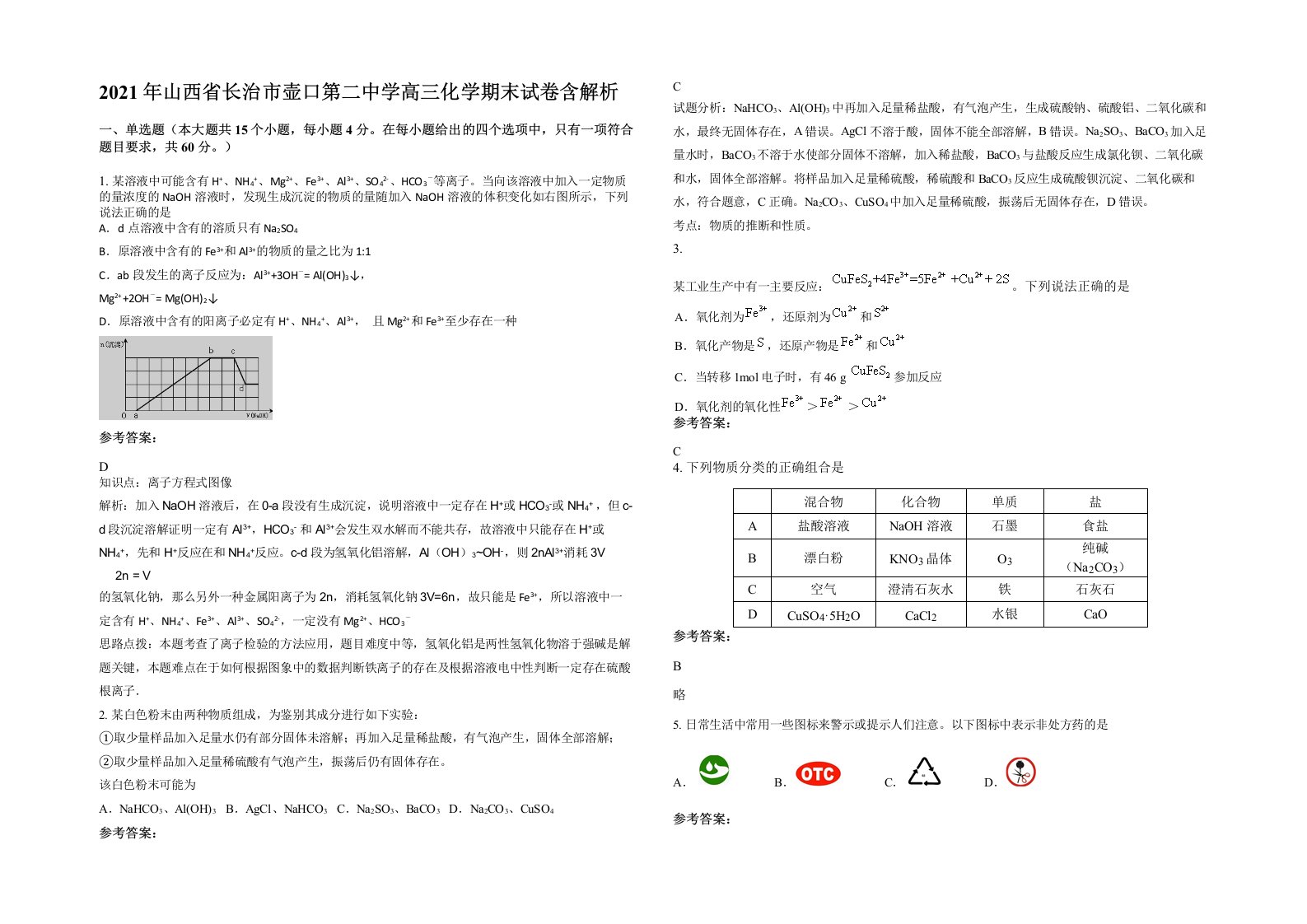 2021年山西省长治市壶口第二中学高三化学期末试卷含解析