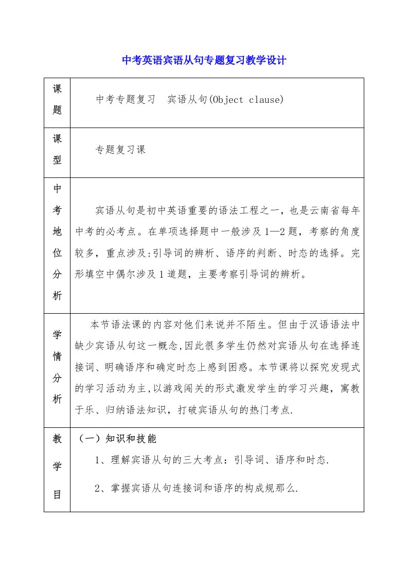 中考英语宾语从句专题复习教学设计