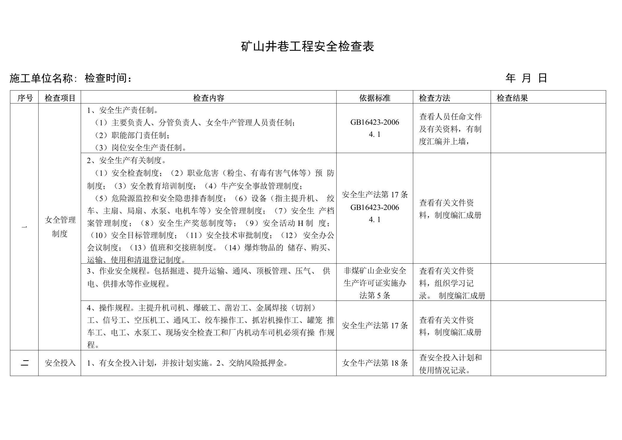 井巷工程安全检查表