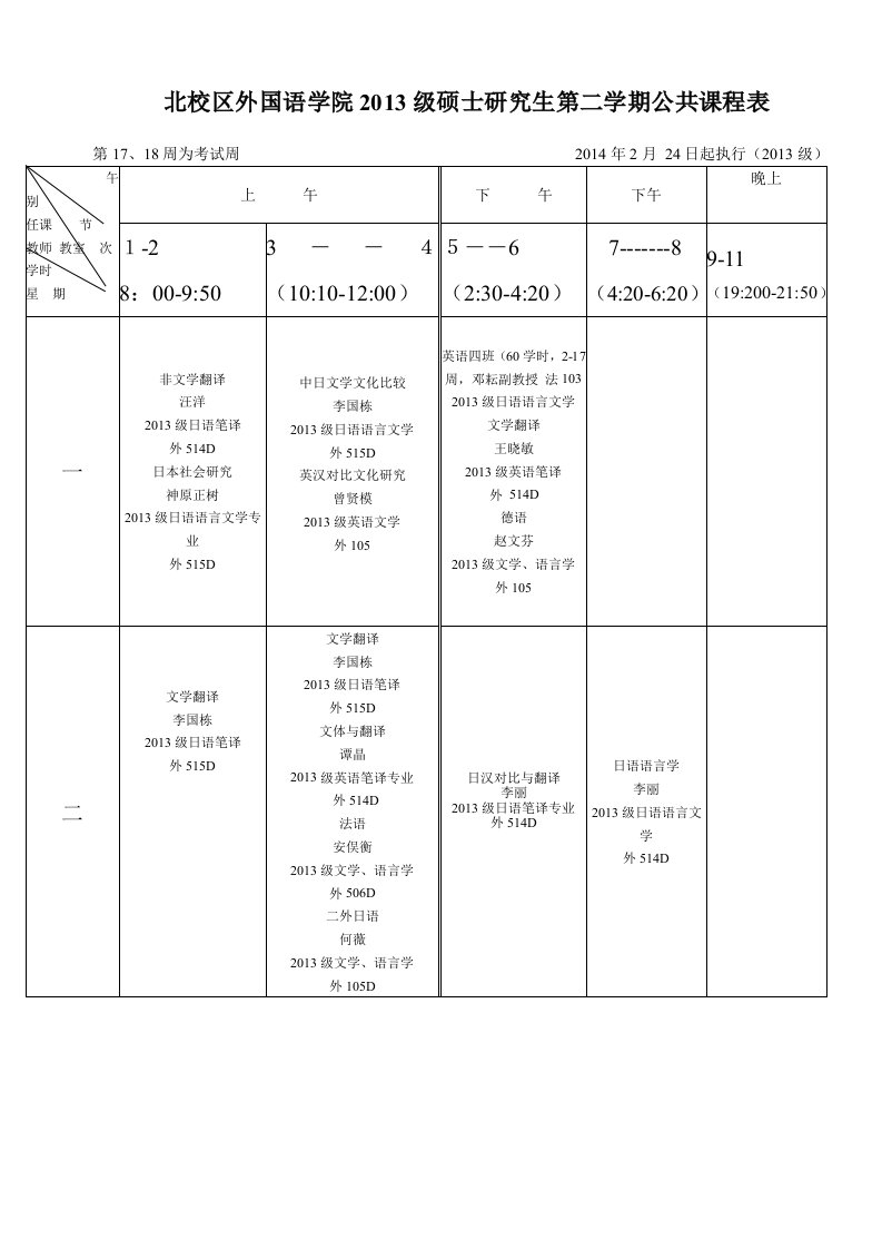 《北校区外国语学院2019级硕士研究生第二学期公共课程表》