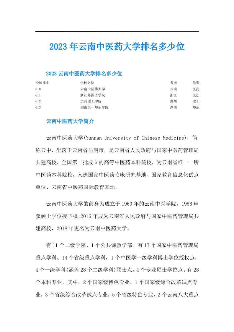 云南中医药大学排名多少位