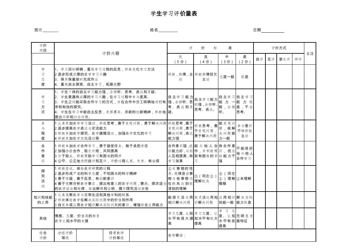 学生学习评价量表