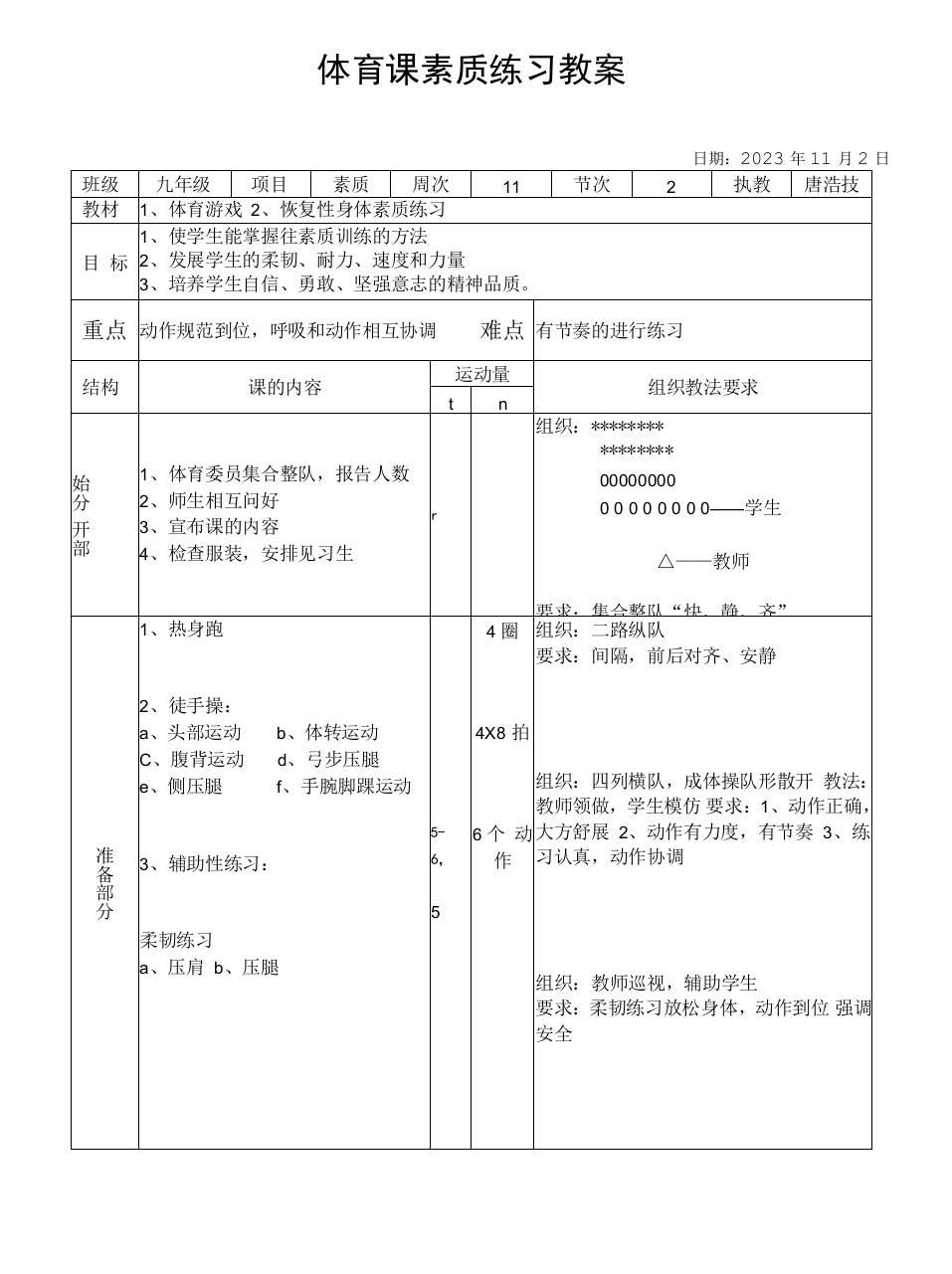 初中体育人教七年级体育体育课身体素质练习教案