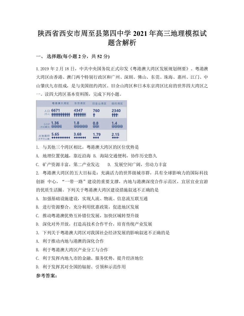 陕西省西安市周至县第四中学2021年高三地理模拟试题含解析